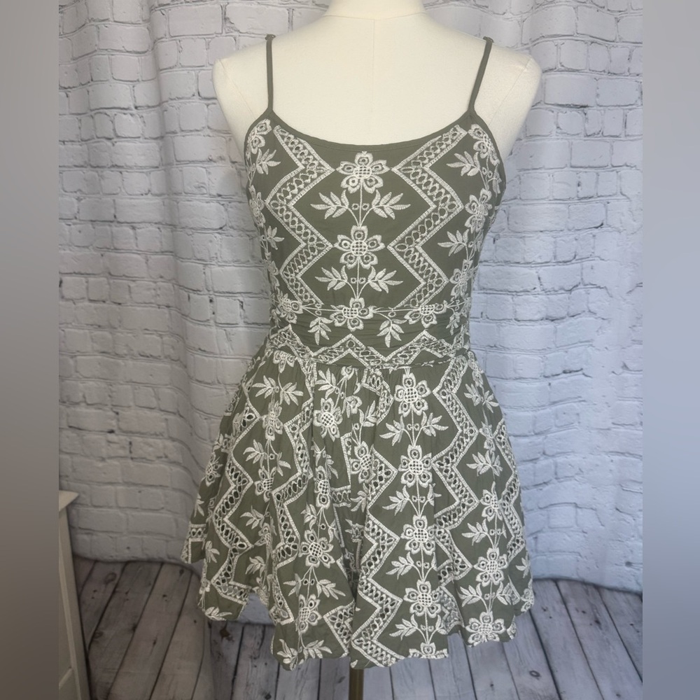 Olive Green Spaghetti Strap Embroidered Romper